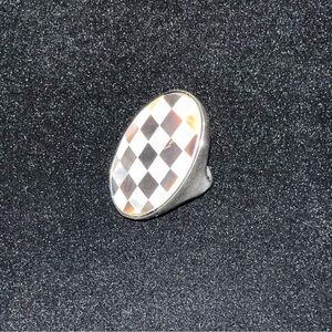 Checkerboard Silver Tone Metal Ring, Oval Shape, Unbranded